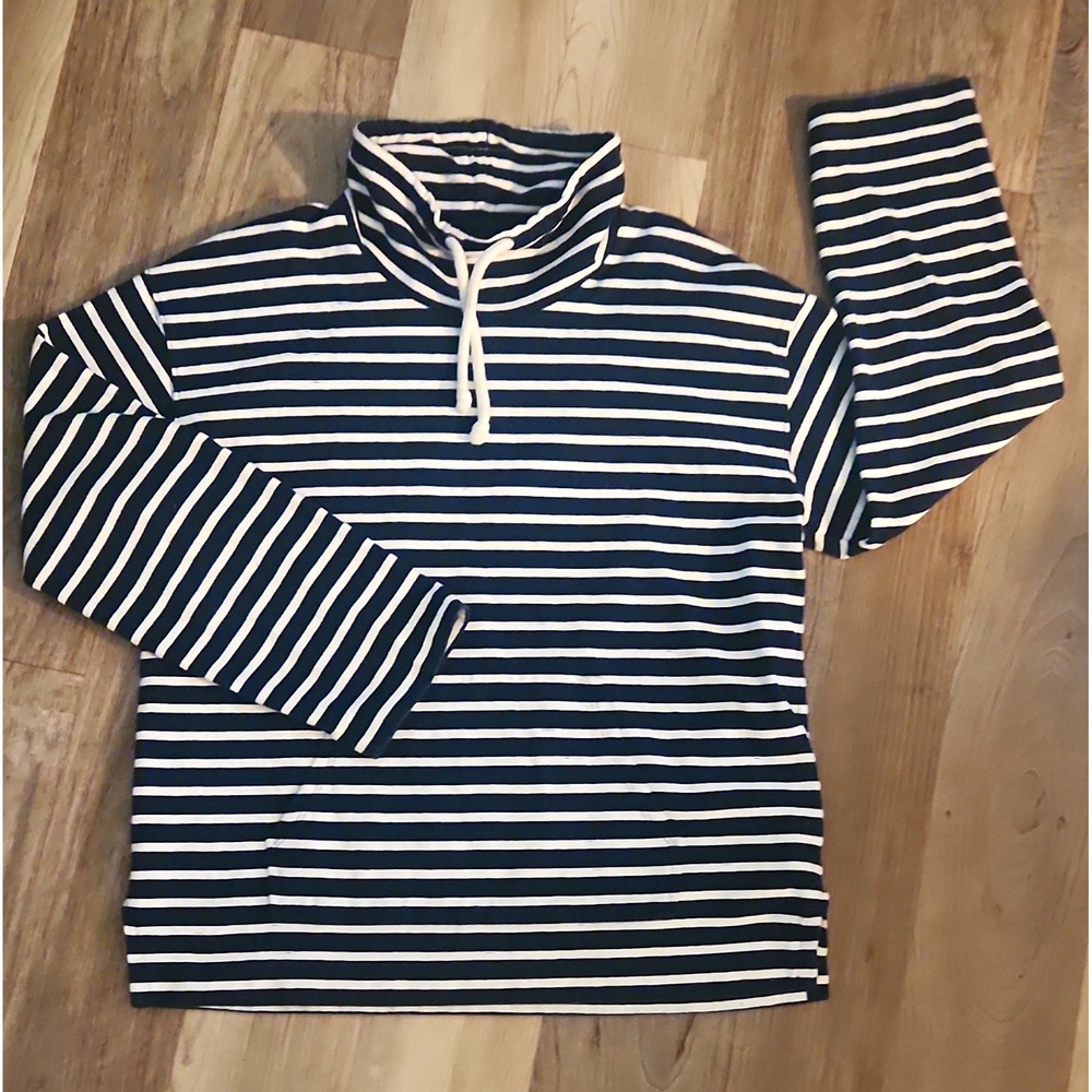 J.CREW Women's Striped Knit Cotton Mock Neck Sweatshirt Drawstring Navy/White S